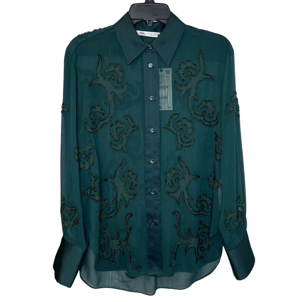 Zara Womens Semi Sheer Beaded Embroidered Blouse Size S Dark Green Button Up